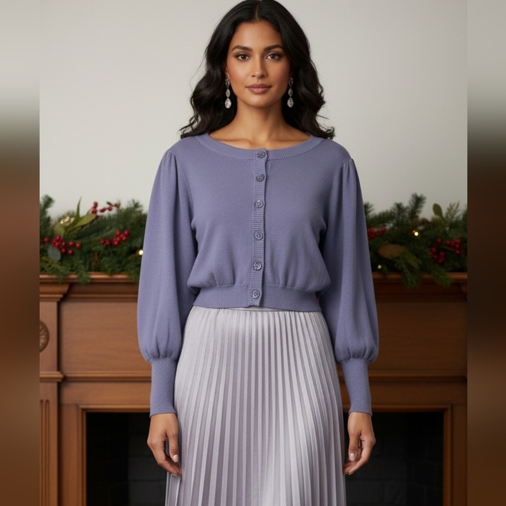 Puff Sleeve Purple Button-Up Cardigan